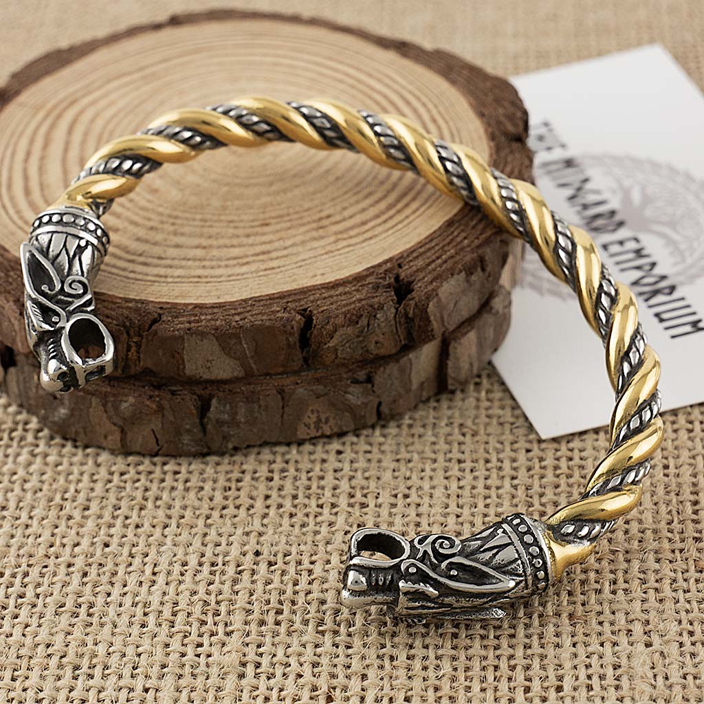 Stainless Steel Viking Odins Wolves Gold Trim Bracelet