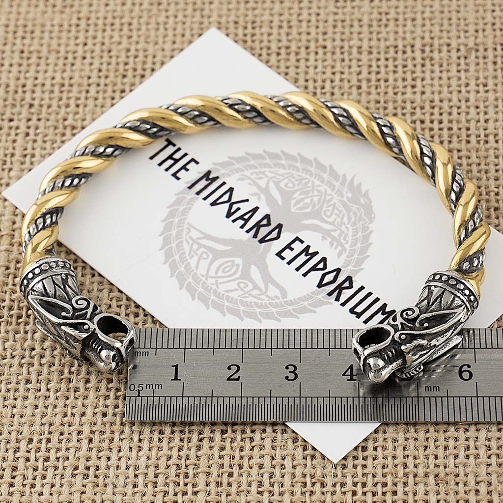 Stainless Steel Viking Odins Wolves Gold Trim Bracelet