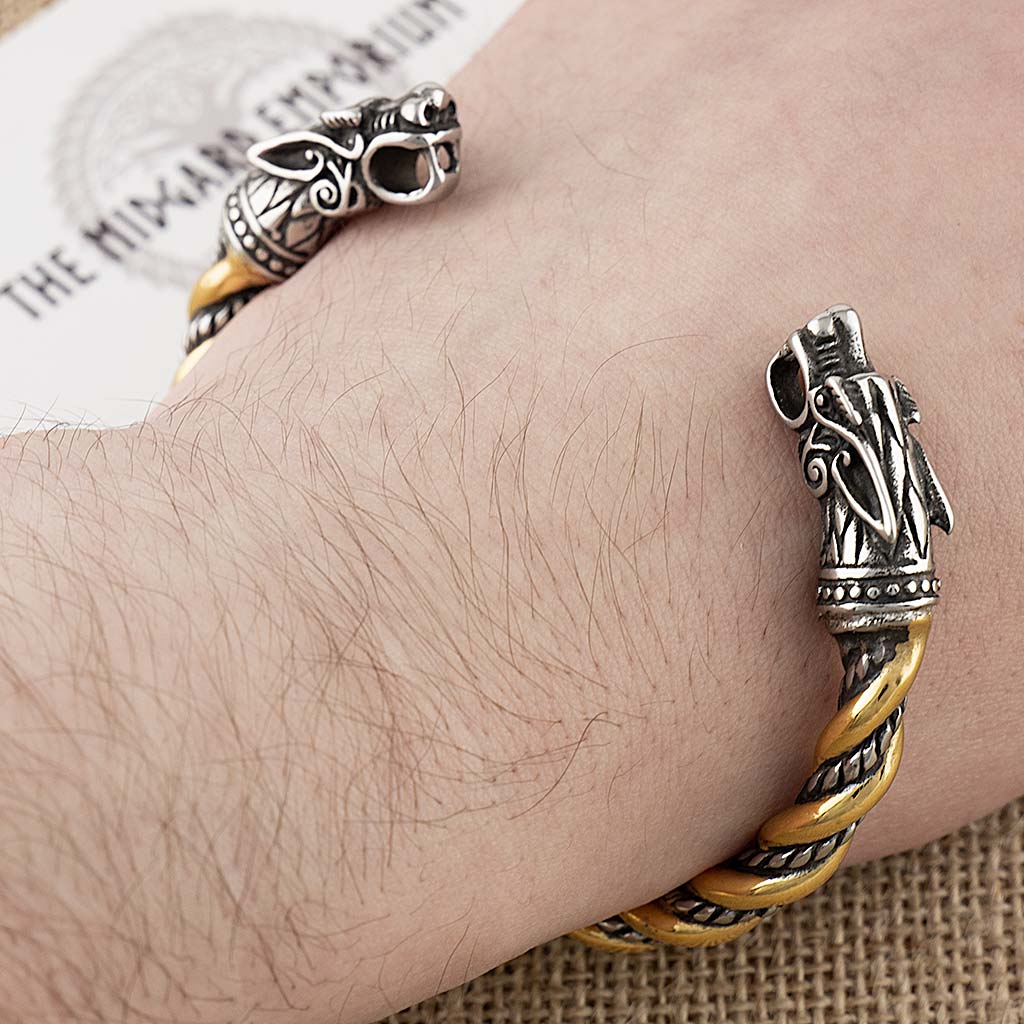 Stainless Steel Viking Odins Wolves Gold Trim Bracelet