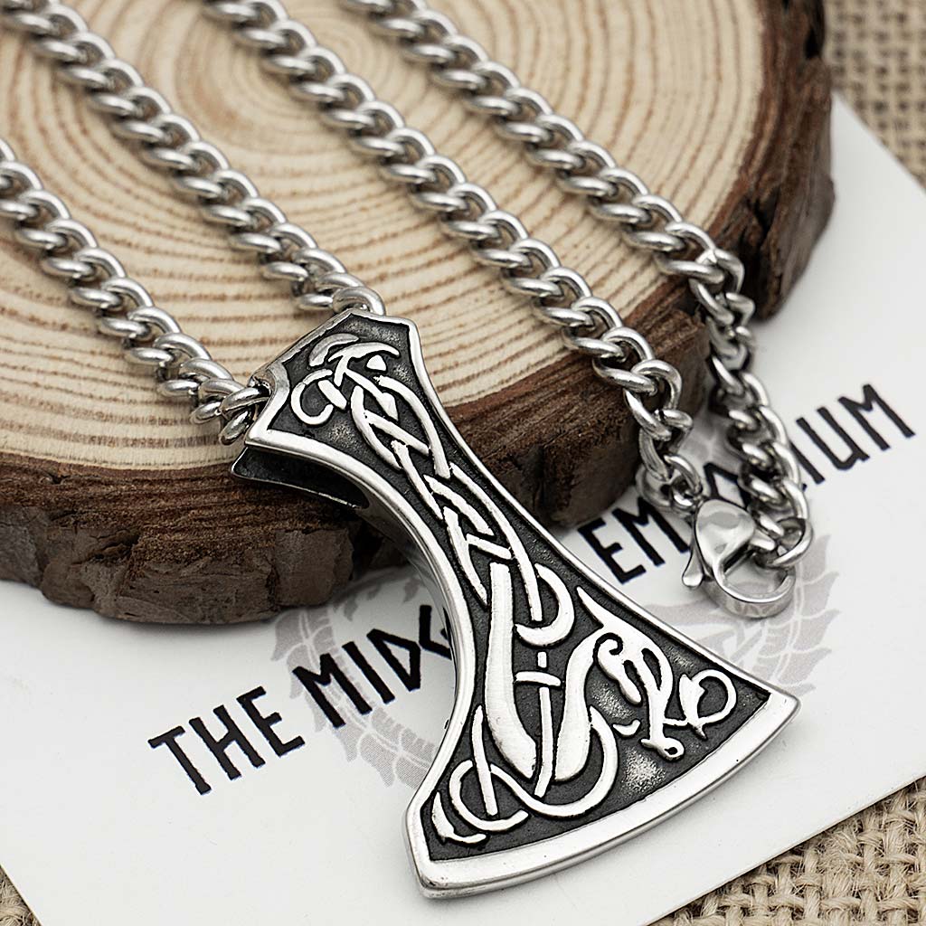 Stainless Steel Viking Dragon Axe Necklace