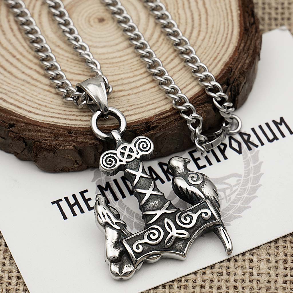 Stainless Steel Viking Raven and Wolf Thors Hammer Necklace