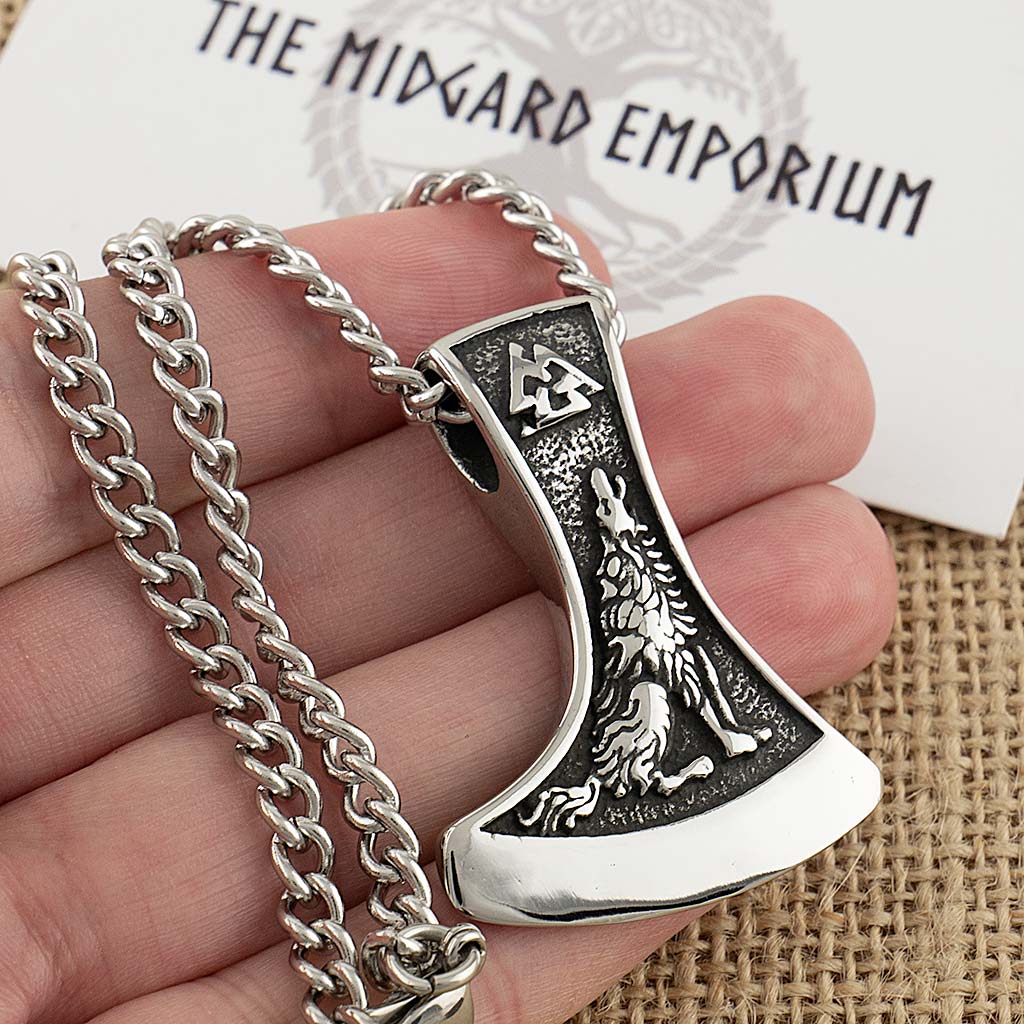 Stainless Steel Wolf Raven Axe Necklace