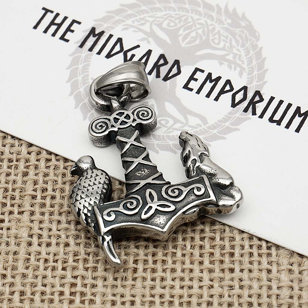 Stainless Steel Viking Raven and Wolf Thors Hammer Necklace