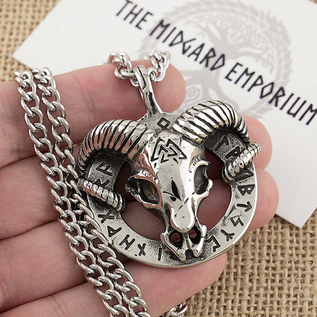 Stainless Steel Viking Rams Skull Necklace