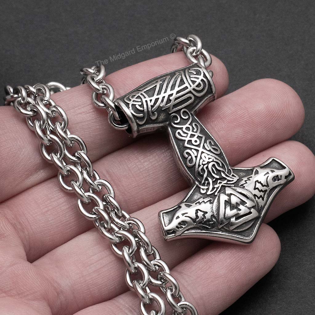 Stainless Steel Viking Wolf Thors Hammer Necklace