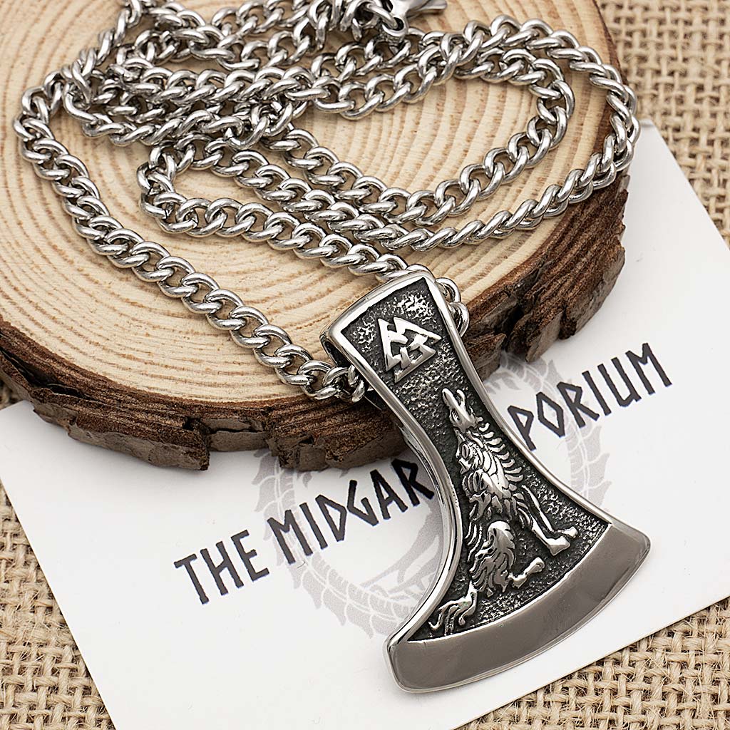 Stainless Steel Wolf Raven Axe Necklace